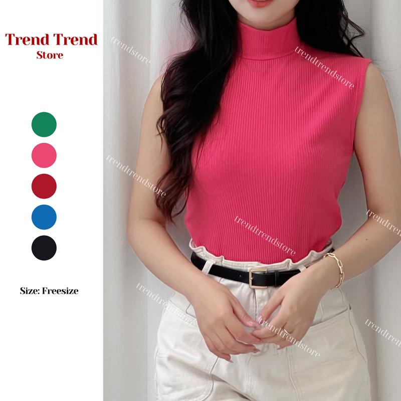 SALE 39K Áo Cổ Lọ Sát Nách cộc tay chất thun mịn co giãn cổ cao ba lỗ -Trend Trend Store Voi Nữ Women Top áo khoét nách Kem