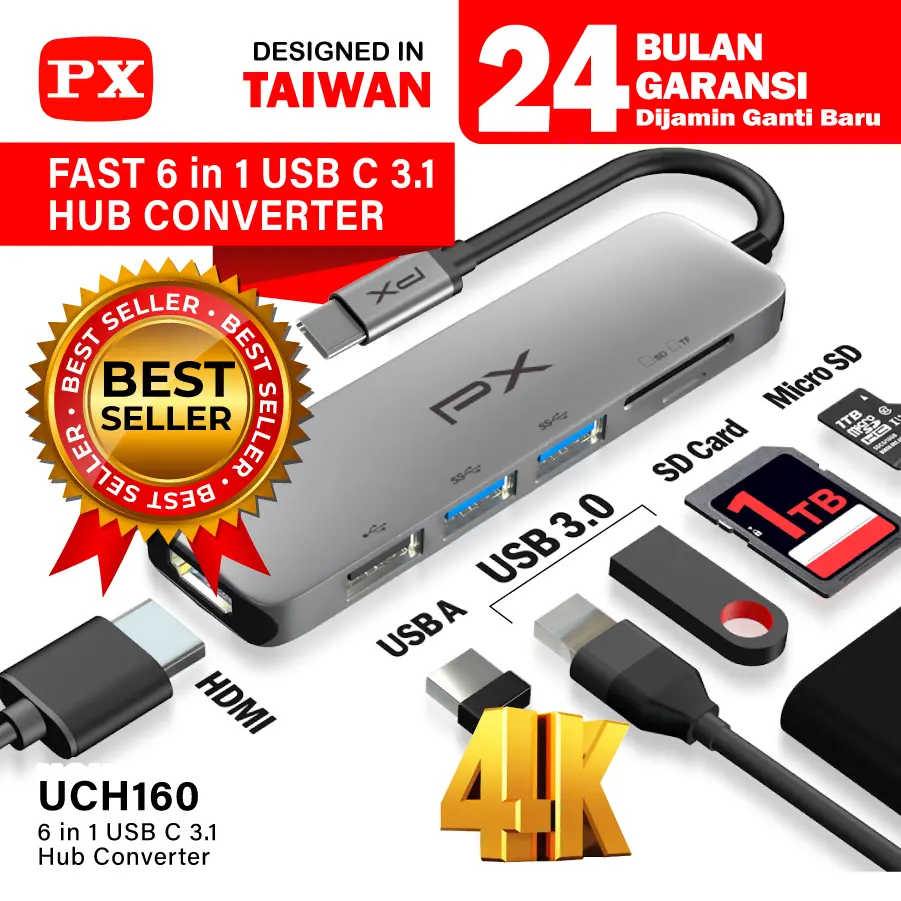 USB Hub Converter Type C 3.1 Laptop HDMI 6 in 1 PX UCH160