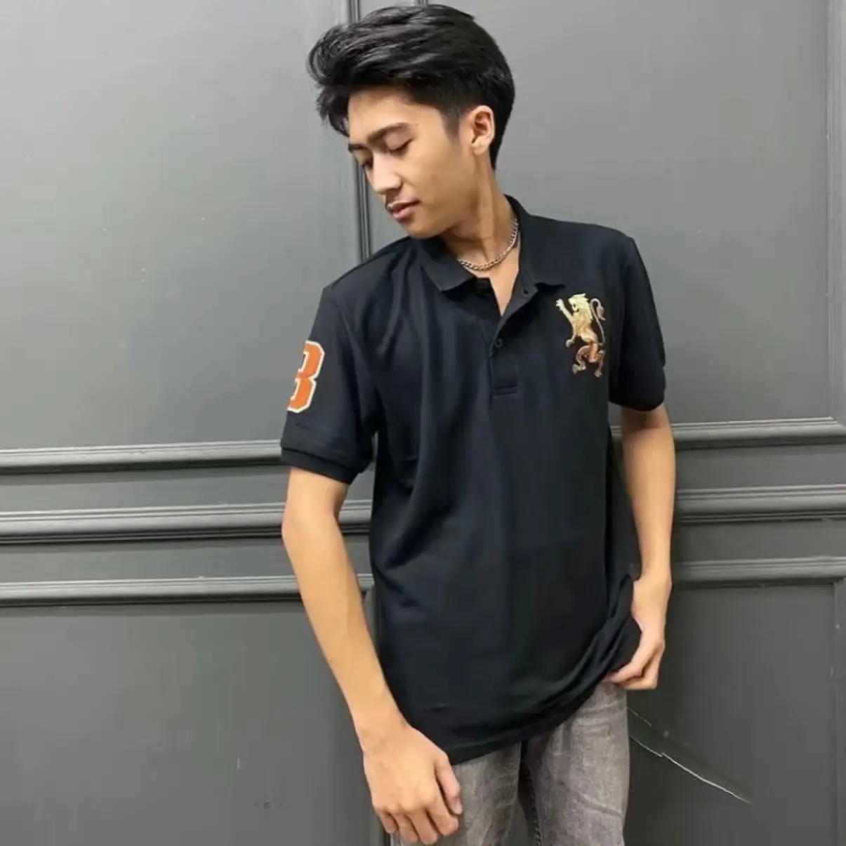 Kaos Polo Shirt Pria Kaos Kerah GIORDANO 3D LION Premium Hitam Casual.
