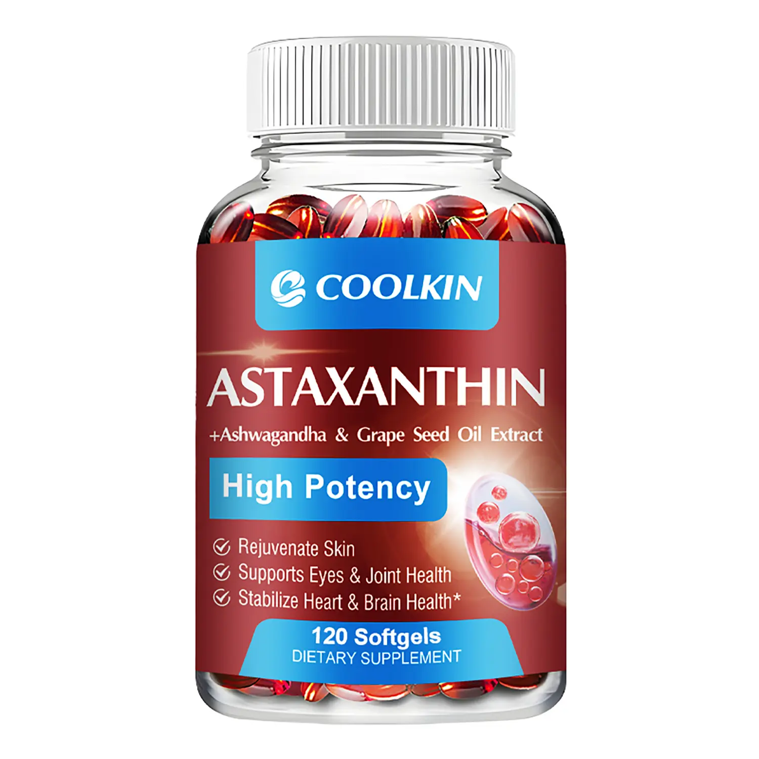 Coolkin - Suplemen Astaxanthin, 24 mg, Baik untuk Jantung, Mata, Sendi, 30/60/120 Softgels