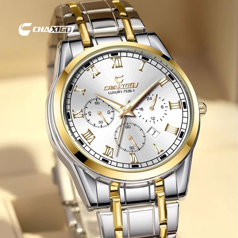 Đồng Hồ Nam Sang Trọng, CHAXIGO, Phong Cách Doanh Nhân, Thép Không Gỉ Thật, Chống Thấm Nước, Bộ Máy Thạch Anh, Thời Trang, Mặt Số Lớn 44Mm, Đồng Hồ Đeo Tay Dạ Quang, 7538-1 Watch Titan