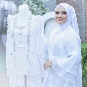 Kimono Robe Organza Payet Dada Panjang Wanita untuk Pengantin dengan Lengan 2 Layer Gaun Mutiara Dress