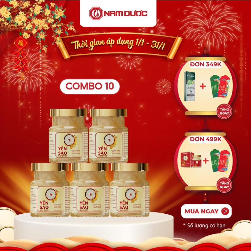 Combo 10 Hộp Yến sào Nam Dược tổ yến chưng hồng sâm đông trùng hạ thảo hộp 1 lọ x 70ml