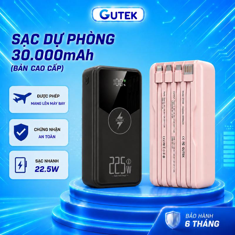Pin sạc dự phòng Gutek GT239 dung lượng 30000mAh sạc nhanh 22,5W tích hợp dây cáp