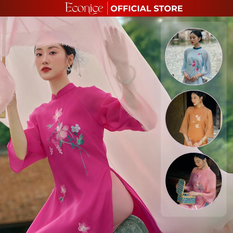  Set áo dài cách tân nữ Econice tơ óng 4 tà in thêu hoạ tiết hoa in truyền thống mặc dịp lễ tết 2025 