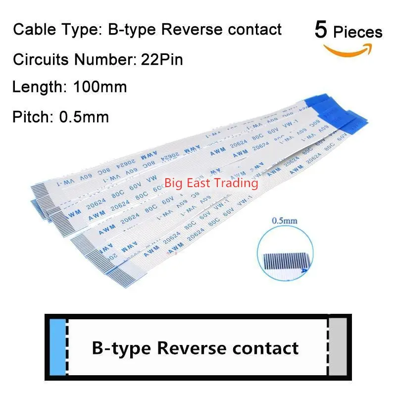 Cáp Dẹt Linh Hoạt Với Ruy Băng FPC, 5 Cái, Cao Độ 0.5Mm, Chiều Dài 100Mm 10Cm, Tiếp Xúc Ngược Loại B 4P 5P 6P 7P 8P 9P 10P 12P 14P 16P 18P 20P 22P 24P 26P 28P 30P 32P 34P 36P 40P 50P 60P 80P Dây FFC AWM 20624 80C 60V VW-1