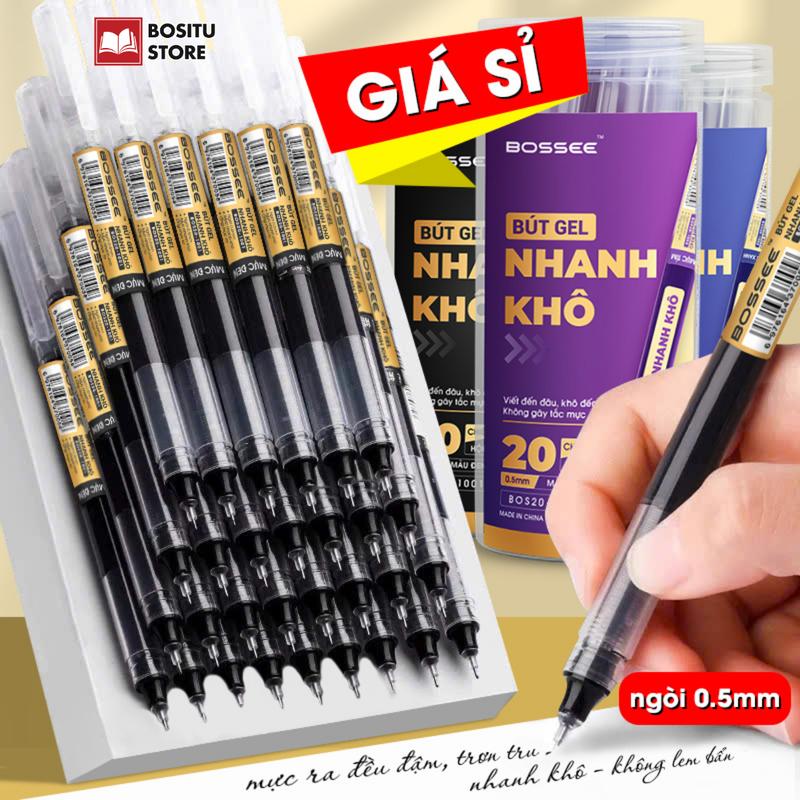Hộp 20 Bút Gel Nhanh Khô Học Sinh, Bút Bi Nước Văn Phòng Ngòi Kim 0.5mm Mực Đen/ Xanh/ Tím Viết Êm Trơn Đều Đậm Dung Tích Mực X3 Thông Thường _ Bositu Store