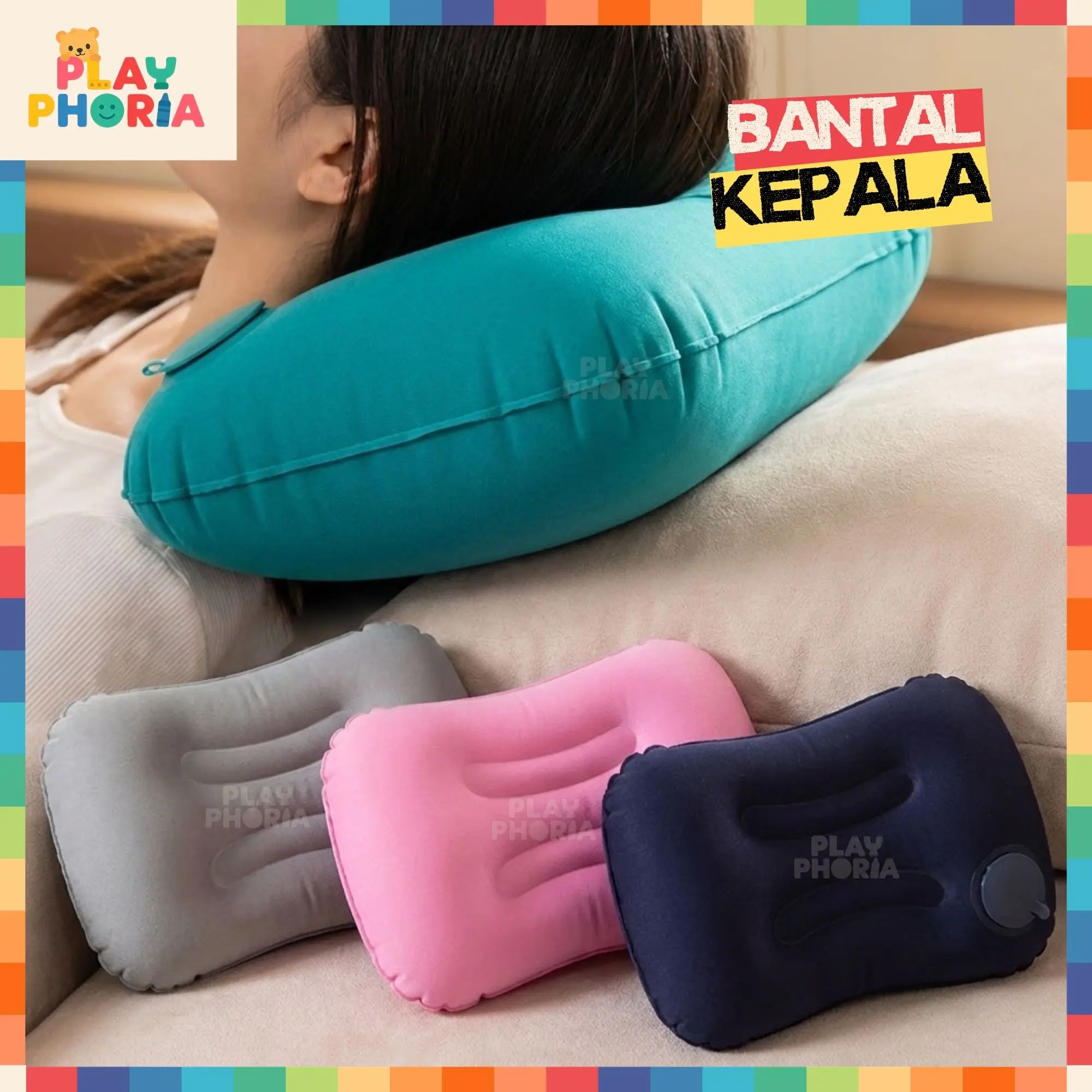 Playphoria Bantal Kepala Angin Tekan Tiup Lipat Auto Pompa Otomatis Travel Outdoor Inflatable Pillow Camping