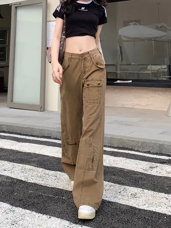 HAZO JEANS-Cargo Jeans Khaki baru versi Highwaist Loose Celana Jeans Wanita Korea Muda Panjang Retro Straight 5
