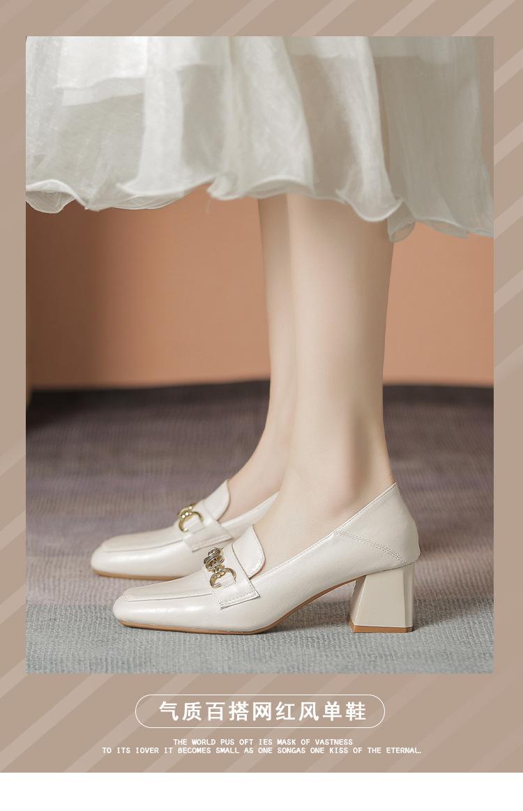 Product Introduction of Lefu shoes, white leather shoes, fashionable design, new high heels, square toe, thick heel shoes 1