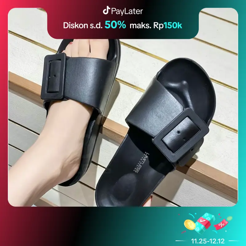 LIMITLESS Sandal Selop Cewek Slip On Wanita Terbaru 2024 Kekinian Sendal Cewek Tali Gesper Strap Satu Ringan Black Pink Shoes 0