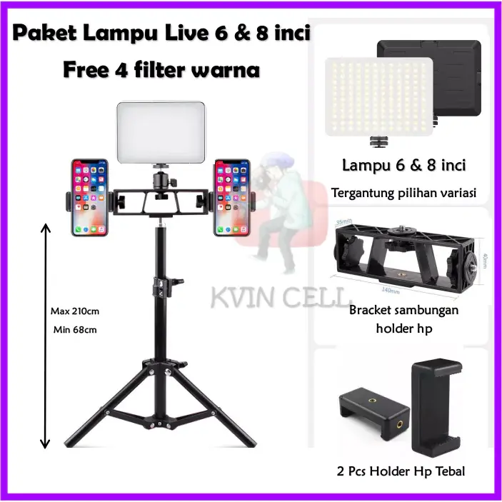 Paket Lampu Live Streaming 6 inci 8 inci + Tripod 2.1 Meter Foto Produk Studio Fotografi Palaroid Ringlight LED Light Free 2 Holder Free 4 Filter Kartu Warna