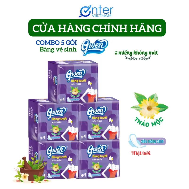 (Combo 5 Gói) Băng vệ sinh GWEN Tím 5 miếng ban ngày, dài 23cm, CÓ CÁNH, mặt lưới, tampon, kháng khuẩn khử mùi kháng khuẩn Nữ