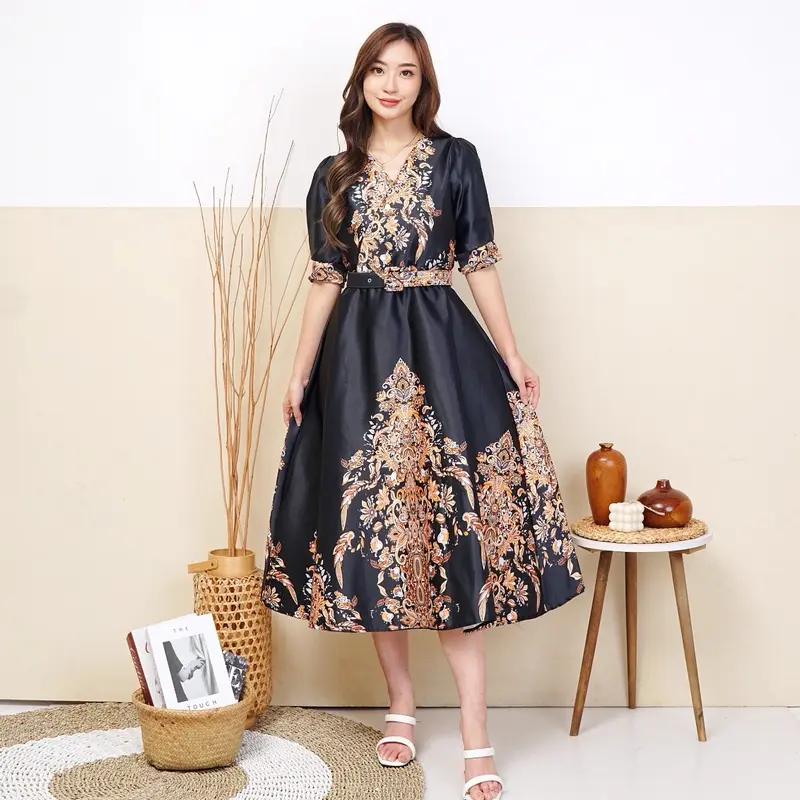 Emma.Butik E00195 Gaun Pesta Wanita Turkish Mewah Glamor Dress Natal Gereja Elegan Formal Pesta Motif Bunga V neck Cantik Kondangan 8