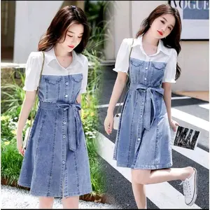 Dress Jeans Denim shakila dress mix Rif Gallery dengan Belt Jeans Denim dan Lengan Serut-Karet - Kancing, Nyaman L XL