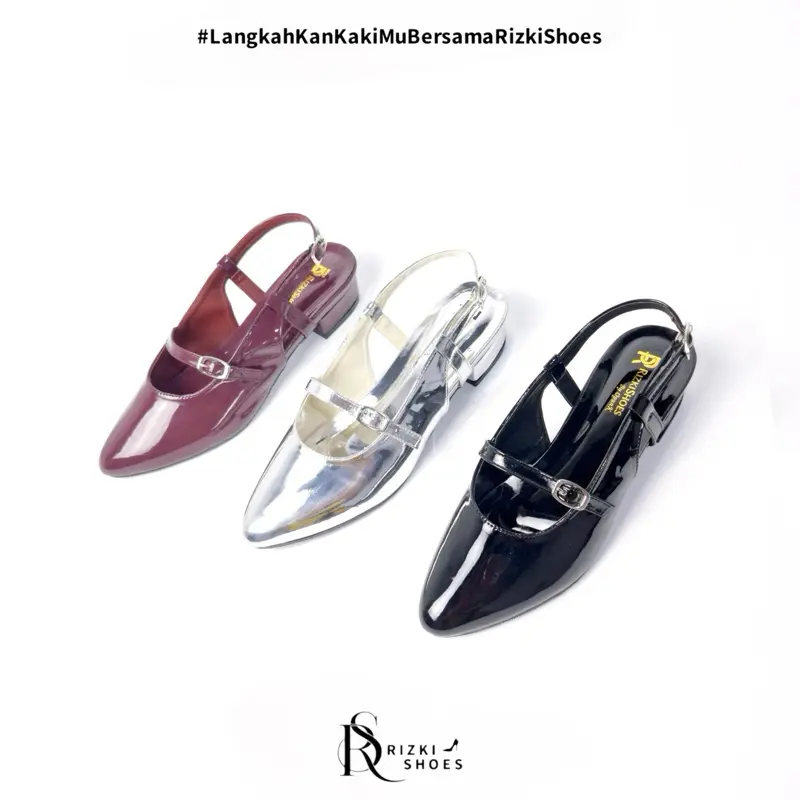 Sepatu Heels Glossy Wanita OKANA Hak 3 Cm Dengan Tali Belakang Gesper Kombinasi - Hitam Burgundy Silver, Ukuran 37-40 - Vintage Shoes Sandal RK01
