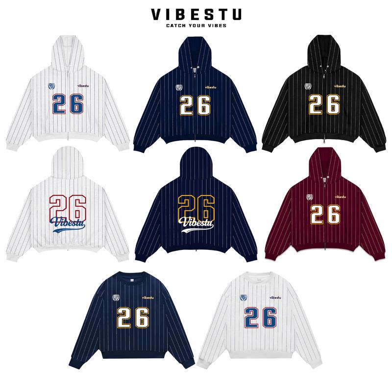  Áo Hoodie & Sweater Sọc Dọc Nỉ 2 Da Vibestu " Số 26 " Form Boxy Tay Dơi Unisex Nam Nữ 