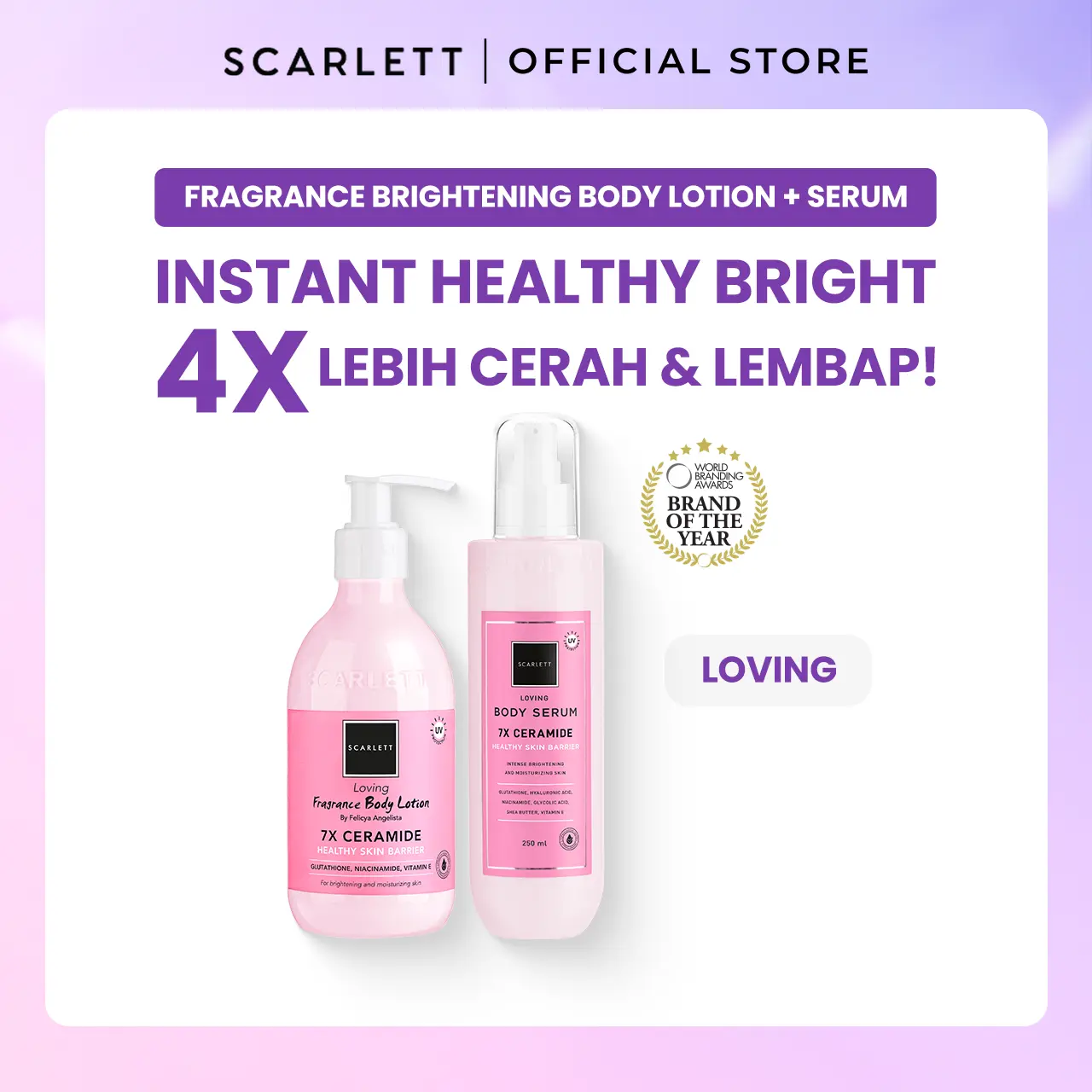 Scarlett Whitening Body Serum + Body Lotion Loving Melembabkan Tubuh Glutathione Niacinamide
