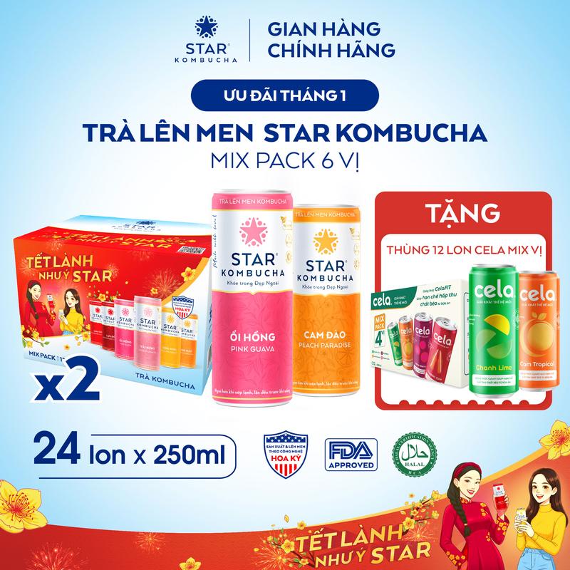  Combo 2 Thùng 12 lon trà lên men Star Kombucha mix vị Tết  250ml lon  - có chứa probiotics từ trà lên men tự nhiên 