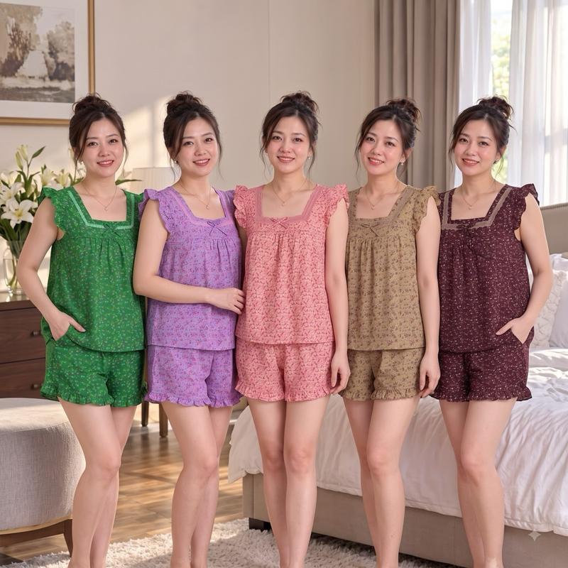 Bộ đùi lụa mango quần 2 túi, có may viền bèo quần . May dằn đáy.