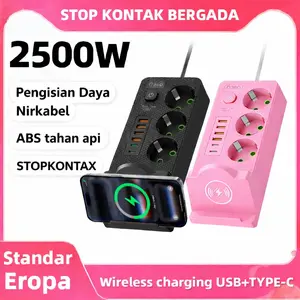 COD 2026 PINK Supports wireless charging Power Strip Elektrik 2500W Charger 4 USB 2 Type-C, 3 Colokan Kabel 2M 3M 5M Original dengan Pengisian Nirkabel