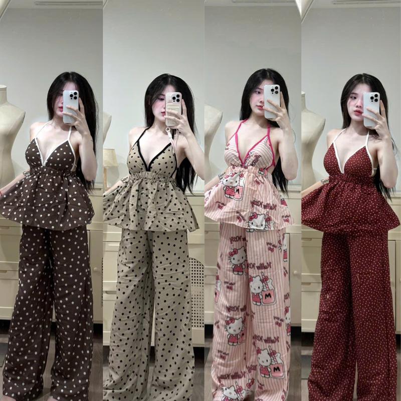 Set bộ nữ, áo hở lưng cổ yếm phối quần ống suông (PLS391)