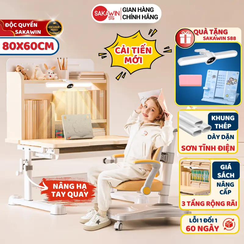 Bộ bàn học thông minh Sakawin S88 MỚI Nâng hạ chiều cao tay quay tiện lợi Chất liệu cao cấp Tặng đèn học xịn xò