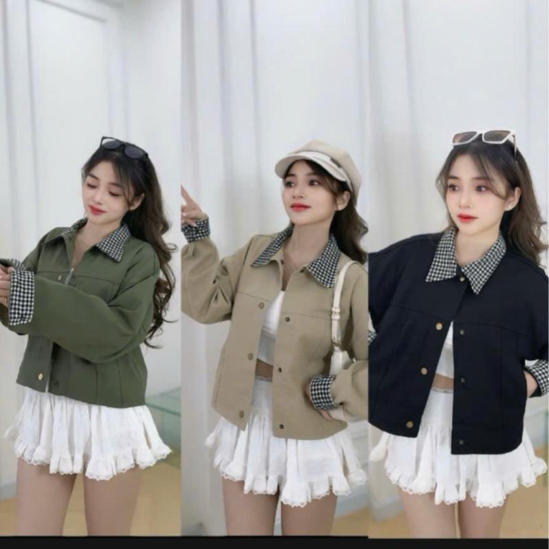  Áo Khoác Kaki Thời Trang Phối Kẻ Caro Phong Cách Dành Cho Nữ   Có 2 túi ngoài và túi trong   