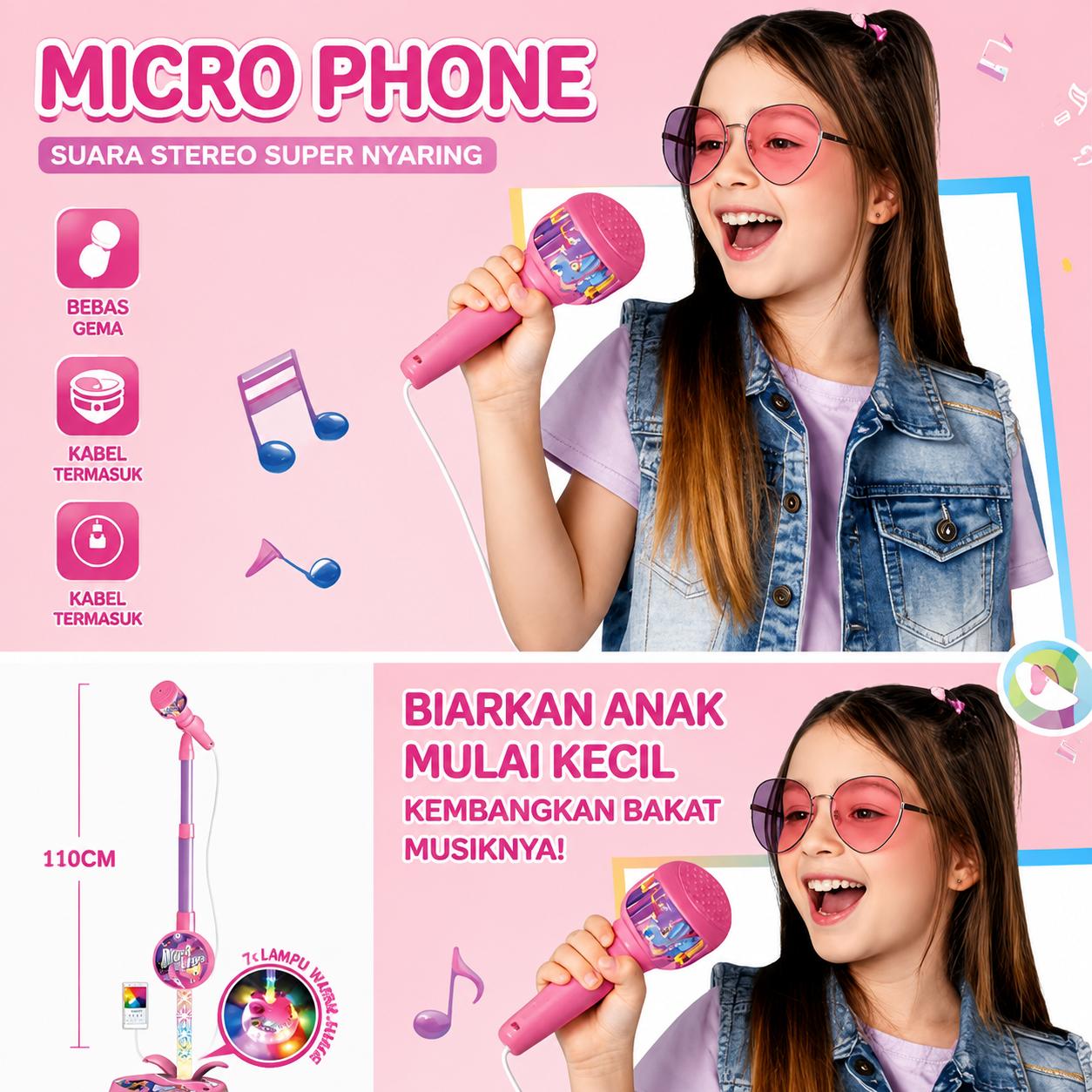 Mikrofon Karaoke Anak LED + Stand, Mainan Bernyanyi Anak Perempuan Laki-laki, Lampu 7 Warna, Kualitas Suara Jernih, Kabel Type-C