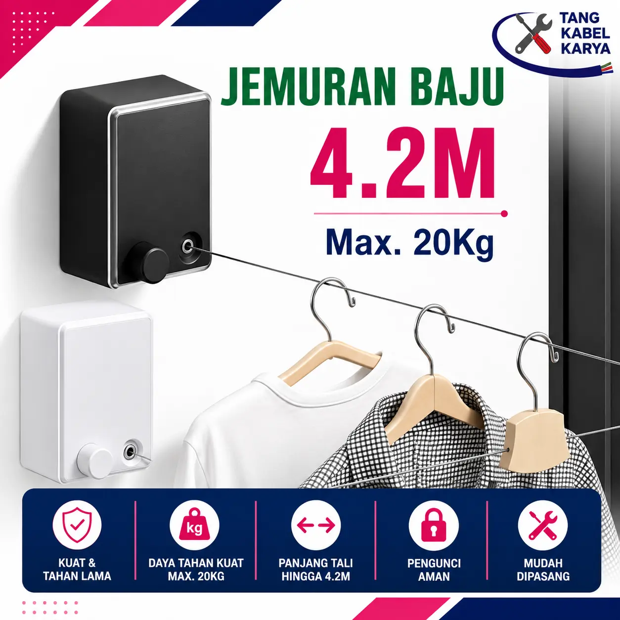 Jemuran Baju Portable Indoor Outdoor Retractable Tali Clothesline Kuat