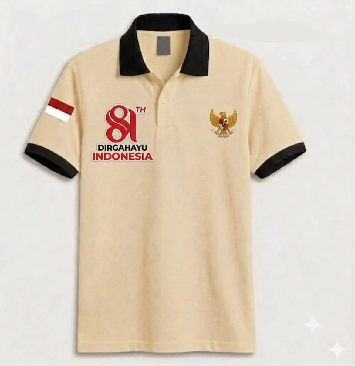 Polo Kerah Kombinasi Logo Garuda + Bendera Di Tangan  + 81 Th / Kaos Casual Seragam 17 Agustus 2026 COD Warna Cream