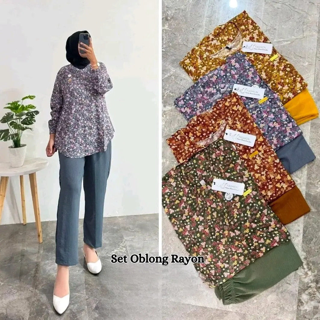 One Set Setelan Rayon Twill Wanita Motif Kotak Kekinian Dewasa