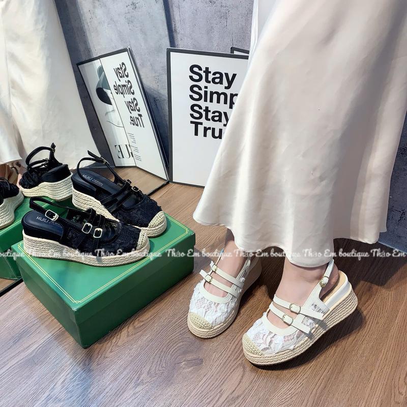   Thảo Em - XD78-5  Sandal xuồng nữ quai hậu ren lưới đế cao su non giả cói 7cm mẫu mới 