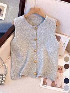 Chaleco de suéter de color sólido con frente con botones para mujer, prenda de punto sin mangas y cuello redondo para verano, ropa de punto de moda para uso diario, tops, camiseta sin mangas