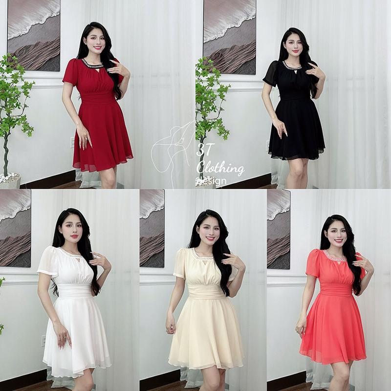  Set giả đầm nữ kèm quần vải voan tơ 2 lớp cổ đính đá tay phồng có dây kéo sau form bigsize 40-80kg mã B54 