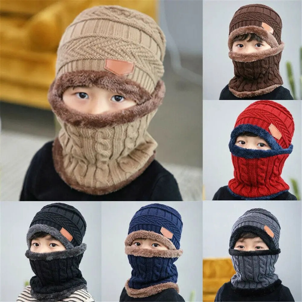 Mũ Len Lông Cừu Giữ Nhiệt, Dành Cho Trẻ Em, Khăn Quàng Cổ, Mũ Balaclava, Mũ Khăn Quàng Cổ, Mũ Dệt Kim