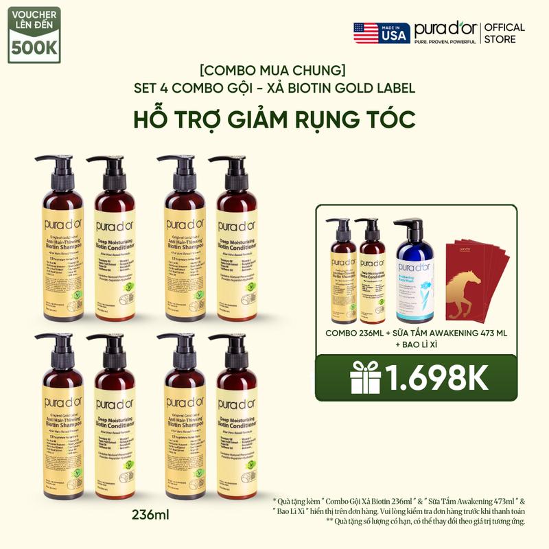   Mua chung Siêu hời  Set 4 Combo Dầu gội Dầu xả PURA D'OR BIOTIN GOLD LABEL hỗ trợ giảm Rụng Tóc 236ml 