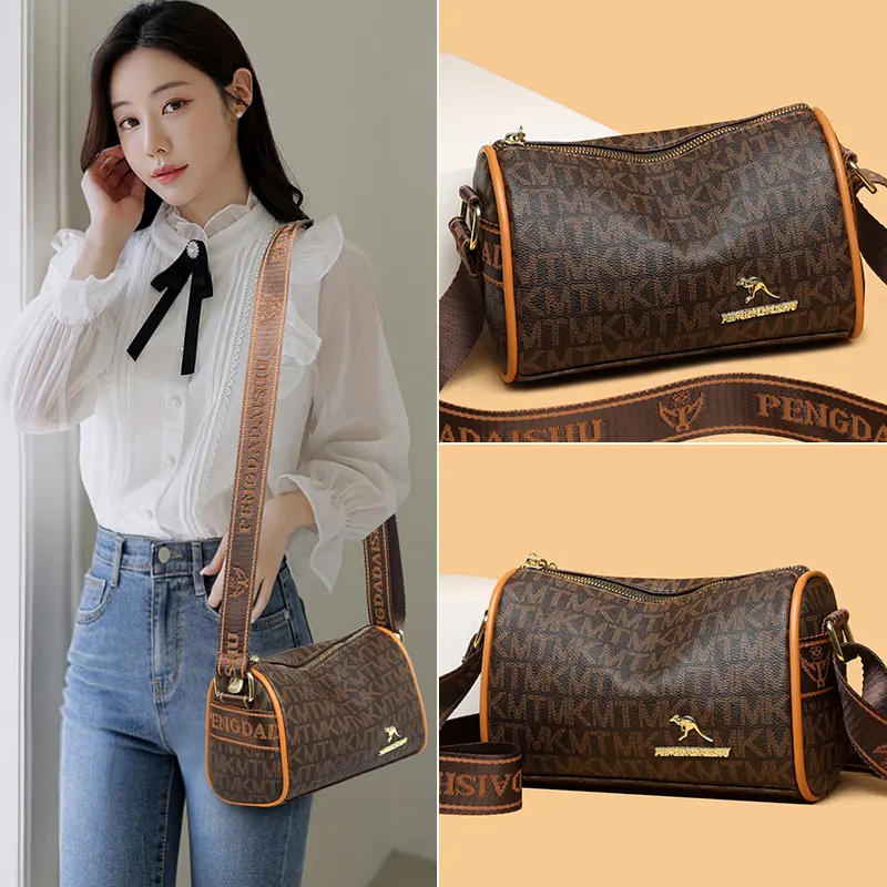Women's shoulder bag, trendy cylindrical bag, fashionable and versatile PU bag, zipper bag, casual women's bag