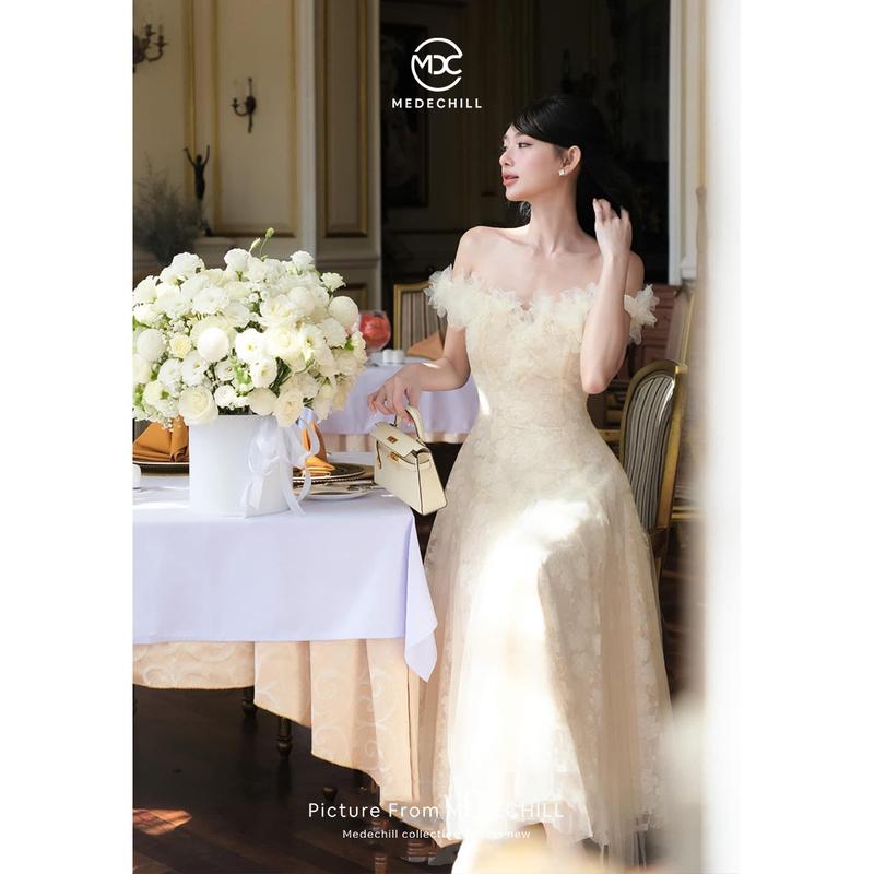 Đầm Maxi Tiểu Thư Đầm Ren Hoa Trễ Vai Dự Tiệc Cao Cấp MEDECHILL Thiết Kế Xếp Ly Dáng Xoè Nhún Hoa Ngực V1244