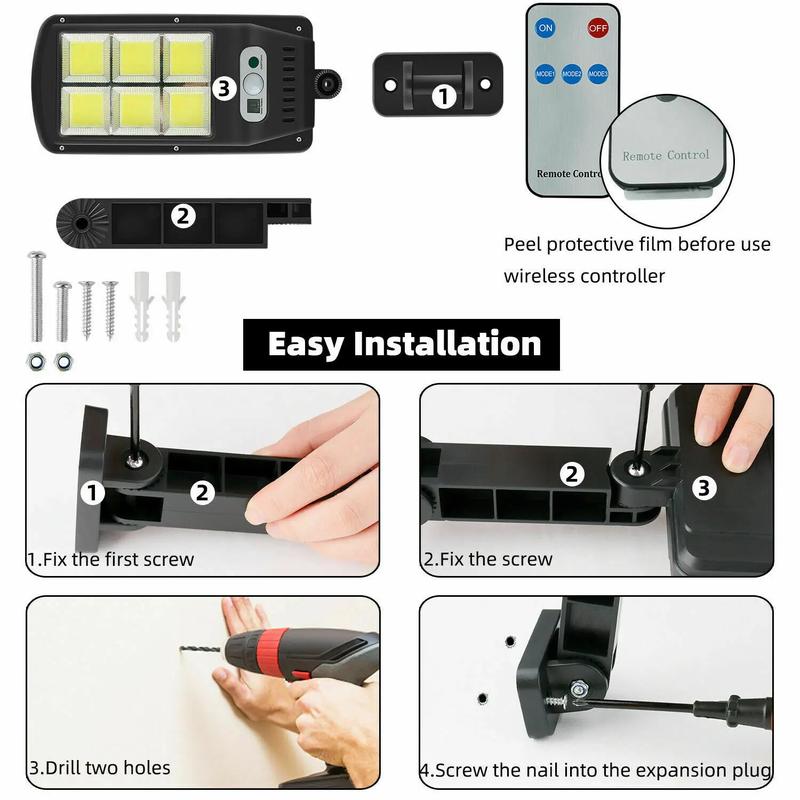 Product Introduction of 2 - 8Pcs 108 COB LED Solar Lights Outdoor With 3 Mode Waterproof IP65 120° Motion Sensor Security Lighting 9600Lum LED Wall Street Lamp With Remote Controller For Yard Garden Decor 19