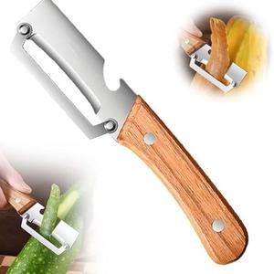 Pelador de cocina multifuncional, cuchilla de acero inoxidable ultra afilada, mango de madera con abrebotellas, ideal para pelar verduras o frutas