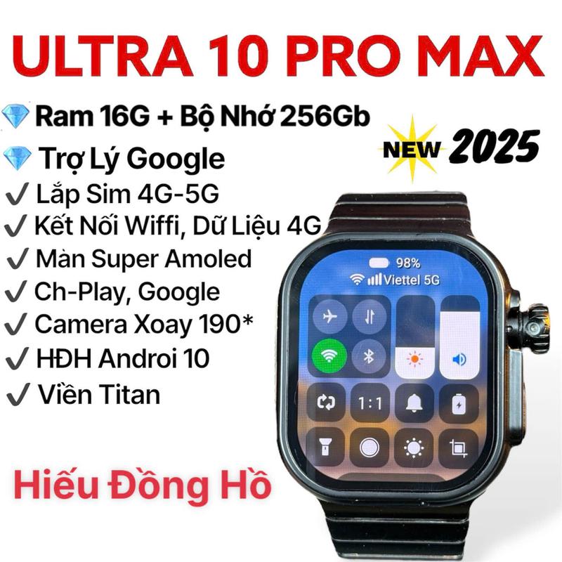 ( RAM 16G +256Gb ) Đồng Hồ Lắp Sim Ultra 10 Pro Max Nâng Cấp 2025, Màn Hình Super Amoled, Tải ứng dụng, lướt tiktok, youtube, chơi game, nghe gọi video, theo dõi sức khỏe, định vị.