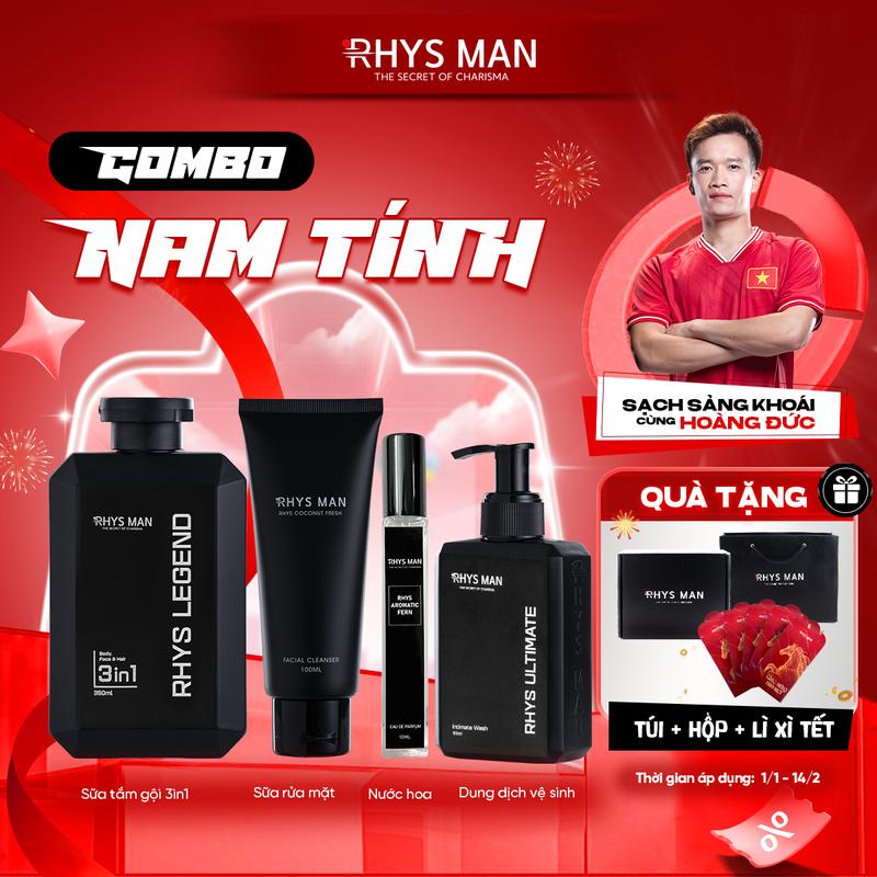  Combo Nam Tính dành cho nam giới RHYS MAN - Sữa tắm gội nam 3 in 1 350ml & Gel rửa mặt nam 100ml & Dung dịch vệ sinh nam 120ml & Nước hoa nam 10ml 