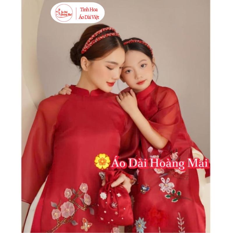  Áo dài mẹ và bé mộc trà đỏ 4 tà 2 lớp đính kết thủ công cao cấp - Mặc Tết Đi Lễ Chụp Ảnh Dự Tiệc- Áo Dài Hoàng Mai 