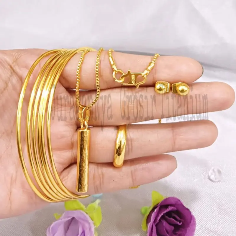 SET DEWASA TITANIUM KRONCONG LAPIS BAMBU PERHIASAN EMAS KOREA ANTI KARAT DAN ANTI LUNTUR
