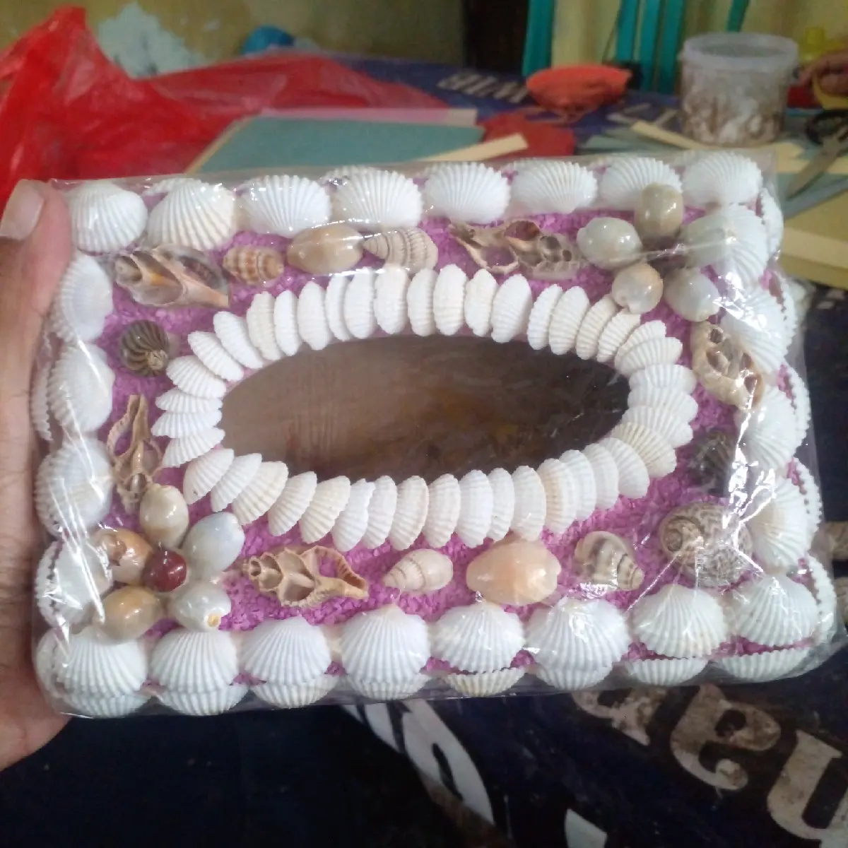 kotak/tempat tisu cangkang kerang kerajinan