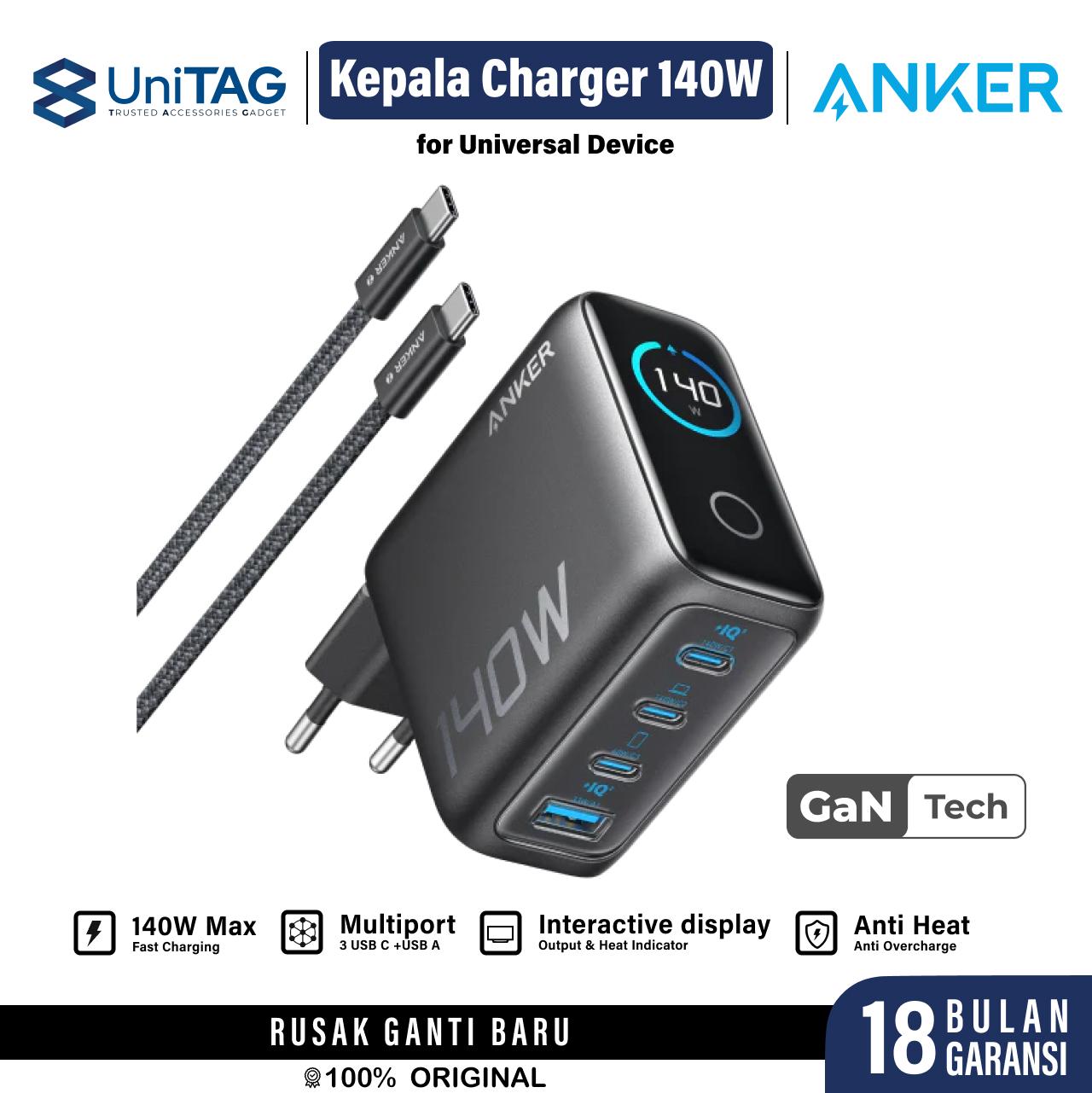 Anker Wall Charger 140W 3C 1A (+ Cable Charger USB C to USB C) With LED Display - Dark Gray B2697GZ1