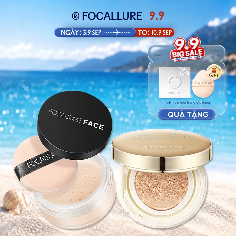 FOCALLURE Combo 2 Món Cushion Phấn Nước Hỗ Trợ Che Khuyết Điểm + Phấn Phủ Dạng Bột Hỗ Trợ Kiềm Dầu Phù Hợp Trang Điểm Hằng Ngày Cho Mọi Loại Da