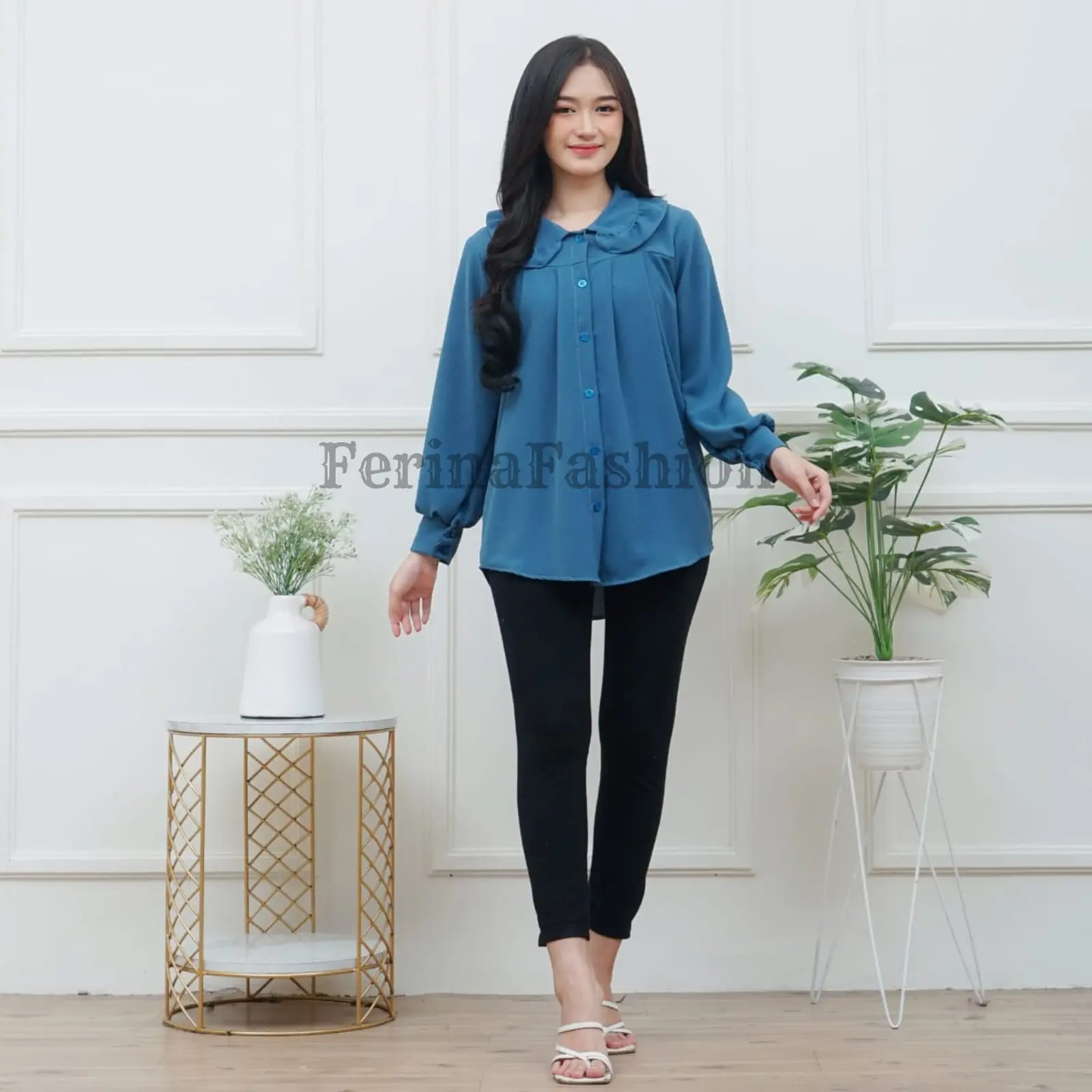 Kanaya Blouse Atasan Wanita Polos Bahan Crinkle Premium Kerah Renda Style Korea