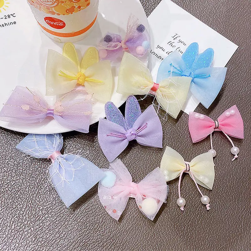Kẹp Tóc Nơ Lưới Cho Bé Gái, 8 Cái / bộ, Kẹp Tóc Ren Ngọt Ngào, Tai Thỏ, Kẹp Tóc Công Chúa 7